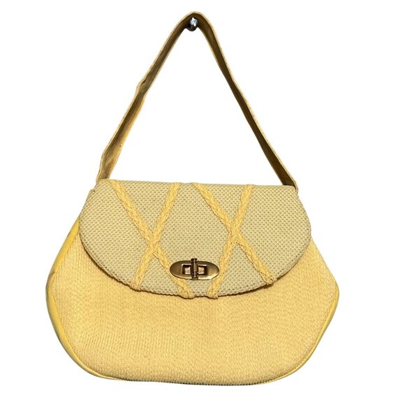 Vintage 1960s Yellow Suede & Fabric Handbag With Gold Clasp - Picture 1 of 16